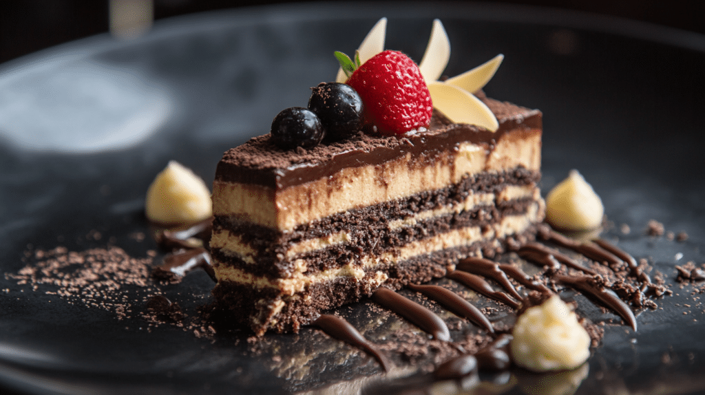 german chocolate cake with strawbery on a plate sliced