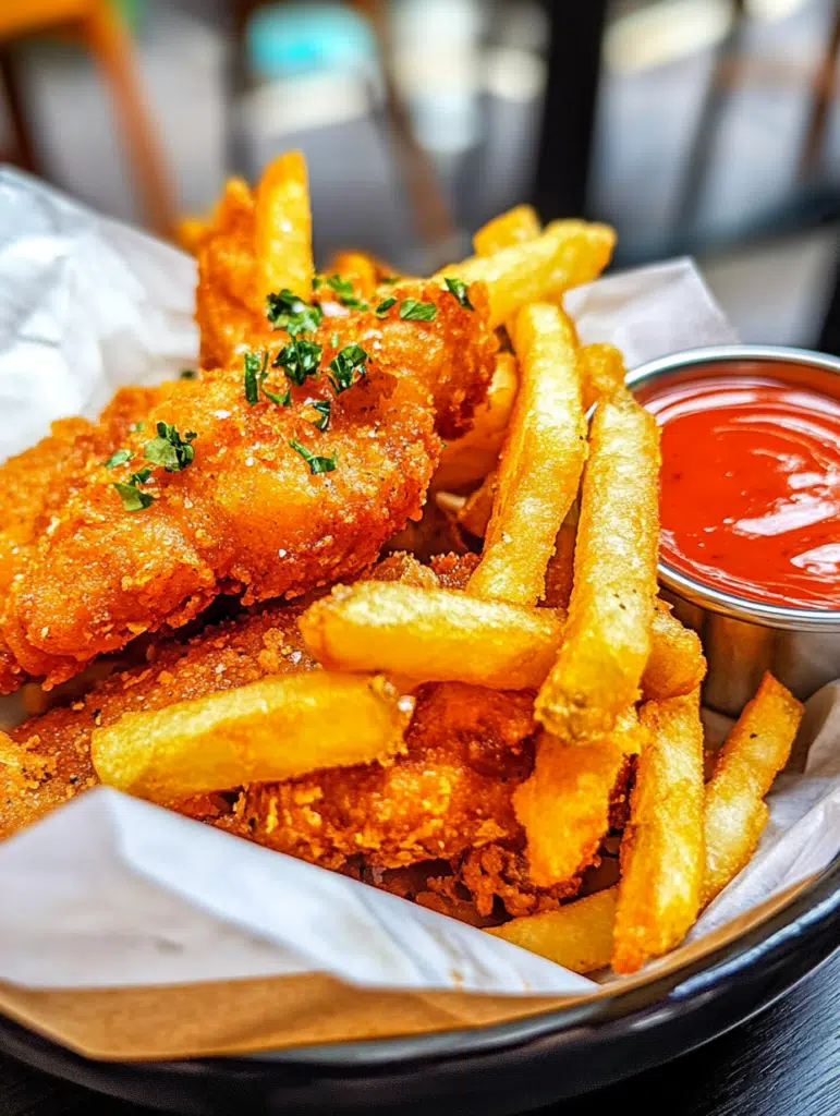 Crispy French Fries chicken cutlet and sauce