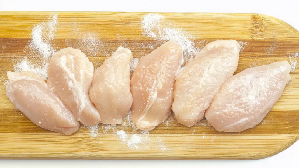 flouring chicken cutlets on wooden board