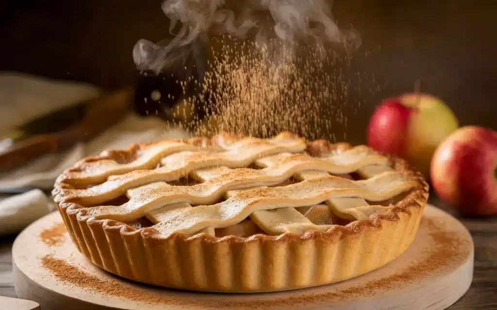 Rustic kitchen scene with sliced apples, cinnamon sticks, and pie dough in preparation for baking
