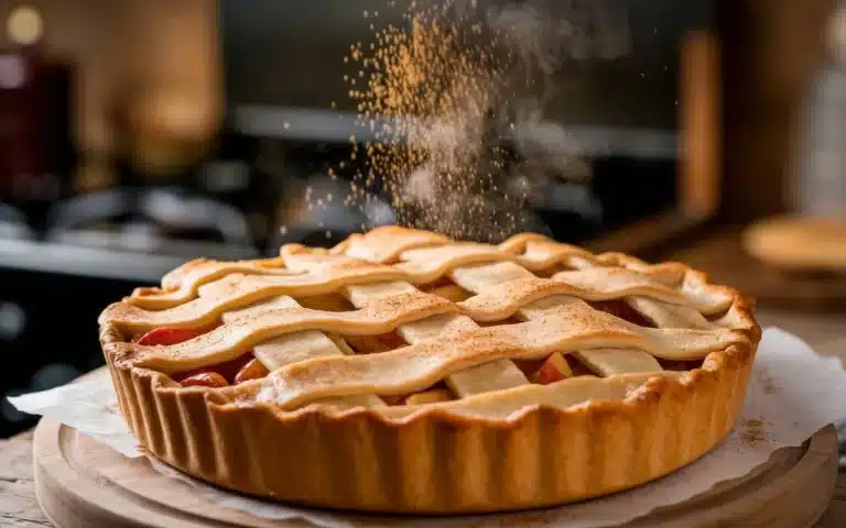 Freshly baked golden-brown apple pie with a lattice crust, warm and ready to serve