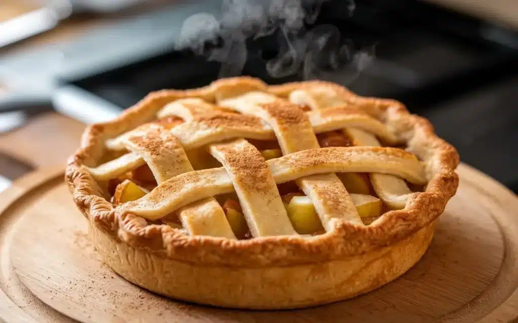 A slice of apple pie served with a scoop of melting vanilla ice cream and a drizzle of caramel.