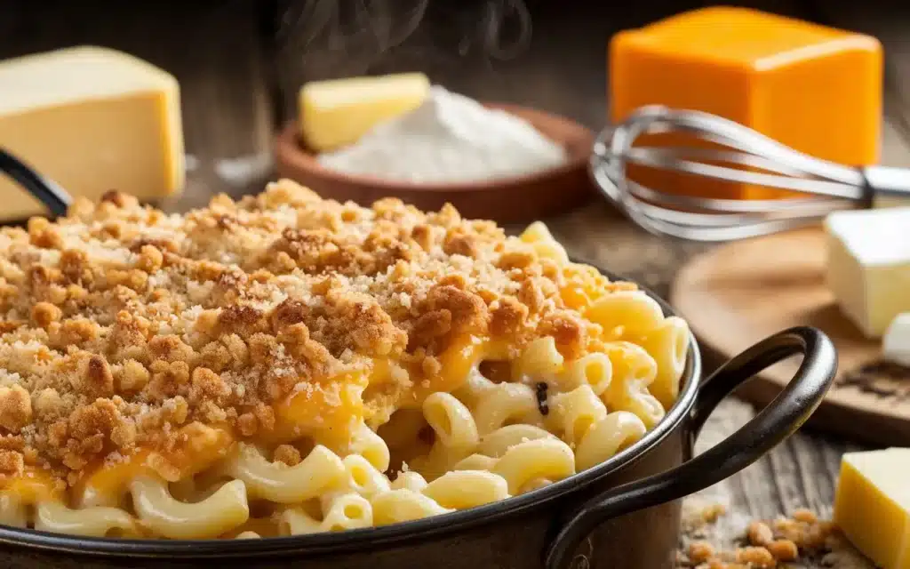 A freshly baked mac and cheese dish with a golden, crispy breadcrumb topping and rich, gooey cheese sauce bubbling around perfectly cooked pasta.