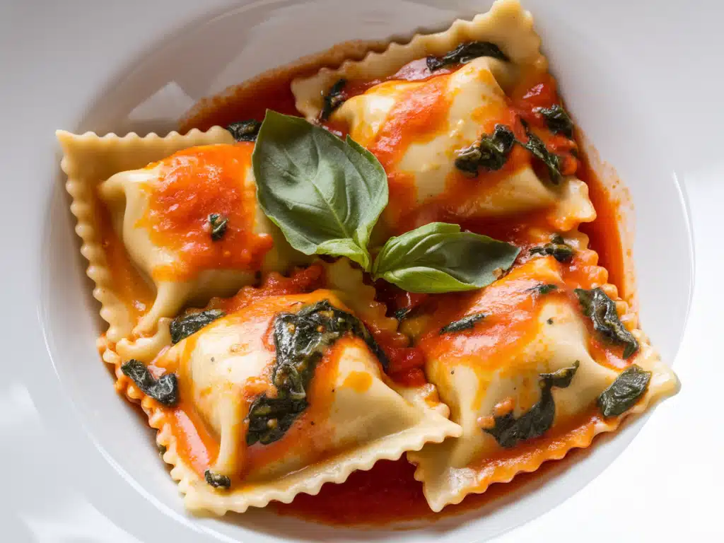 Italian Ravioli in a white plate with tomato sauce