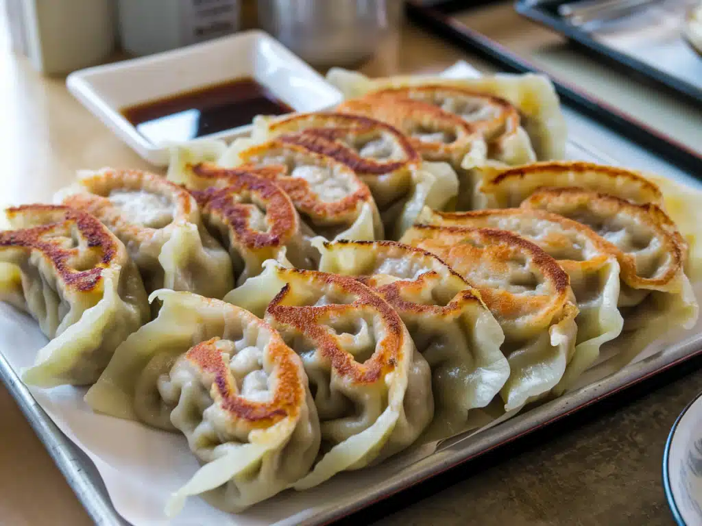 Japanese Gyoza in a plate with sauce 