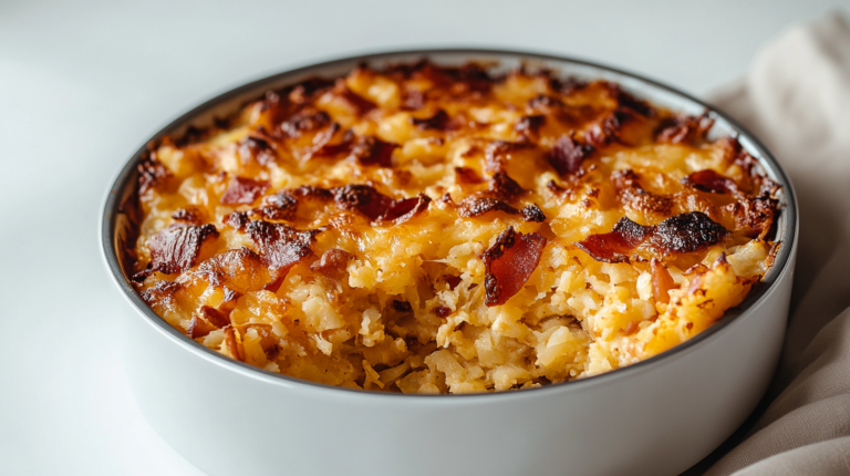 Deep-Dish Loaded Hash Brown Casserole in a light background