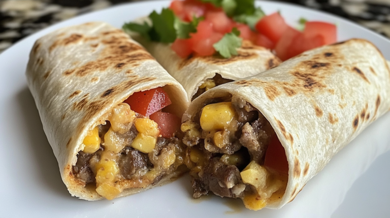 breakfast burrito recipe on a plate split