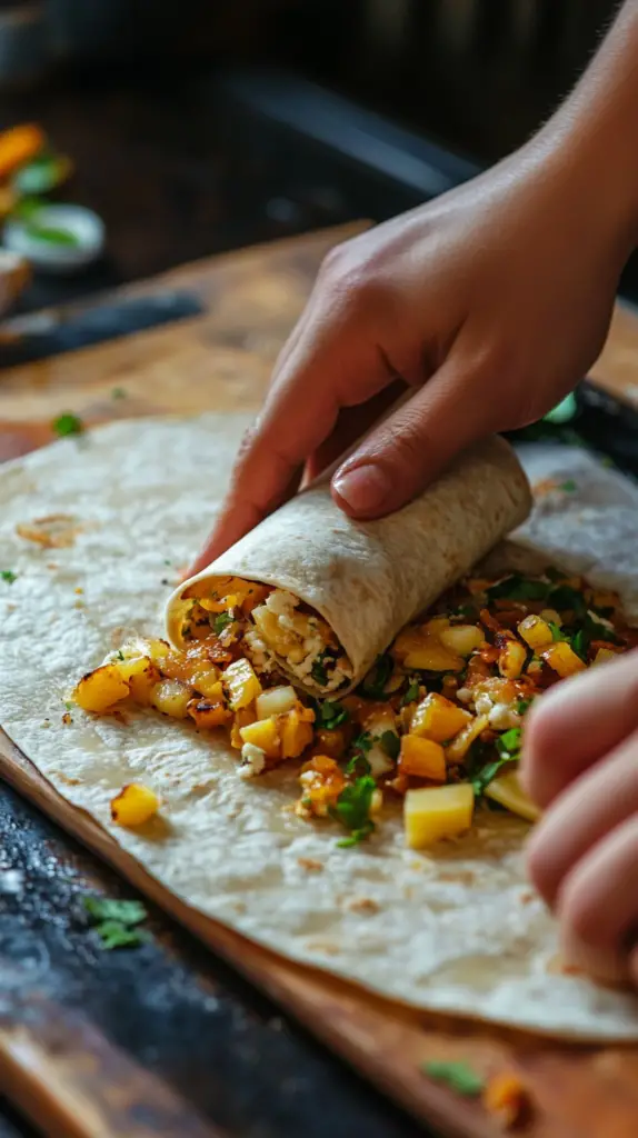 rolling breakfast burrrito wrapping it 